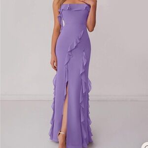 Azazie purple dress chiffon ruffle column dress with leg slit.